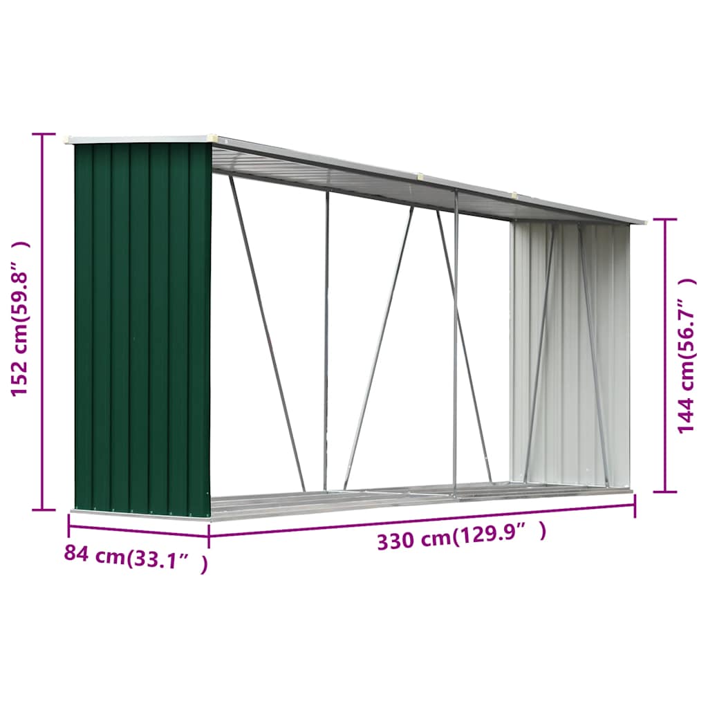 Υπόστεγο Αποθήκευσης Ξύλων Κήπου Πράσινο 330x84x152 εκ. Ατσάλι