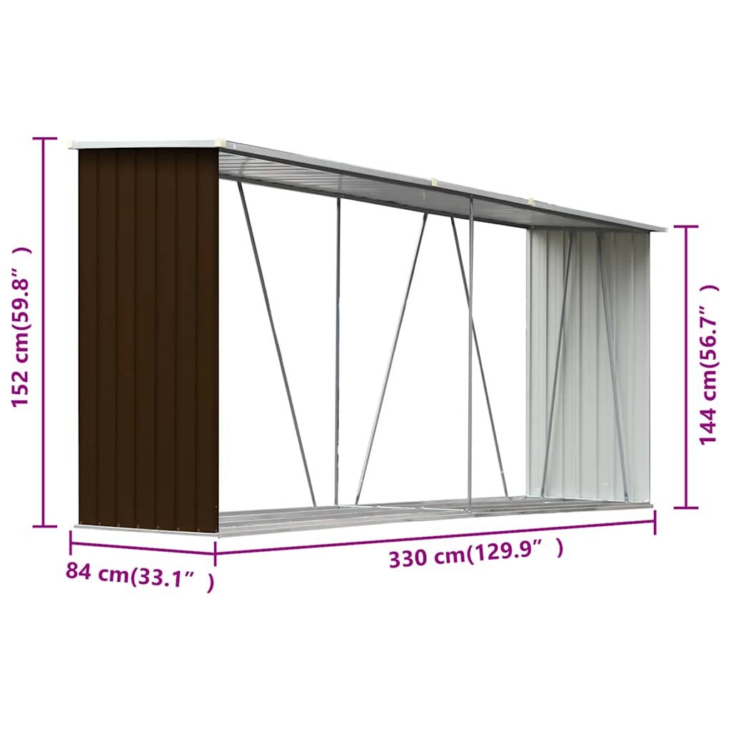 Υπόστεγο Αποθήκευσης Ξύλων Κήπου Καφέ 330 x 84 x 152 εκ. Ατσάλι