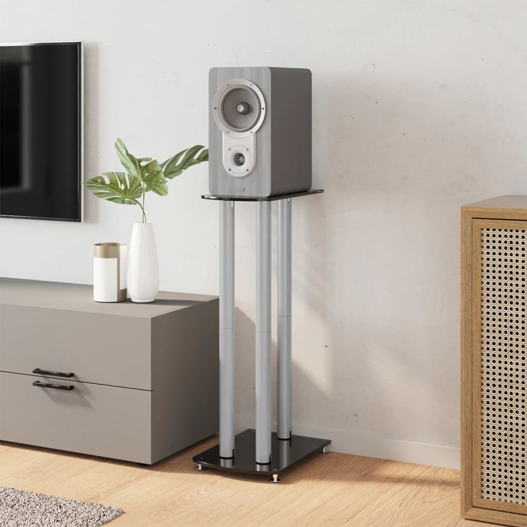 Βάσεις Ηχείων με 3 Στήλες 2 τεμ. Μαύρο/Ασημί από Ψημένο Γυαλί