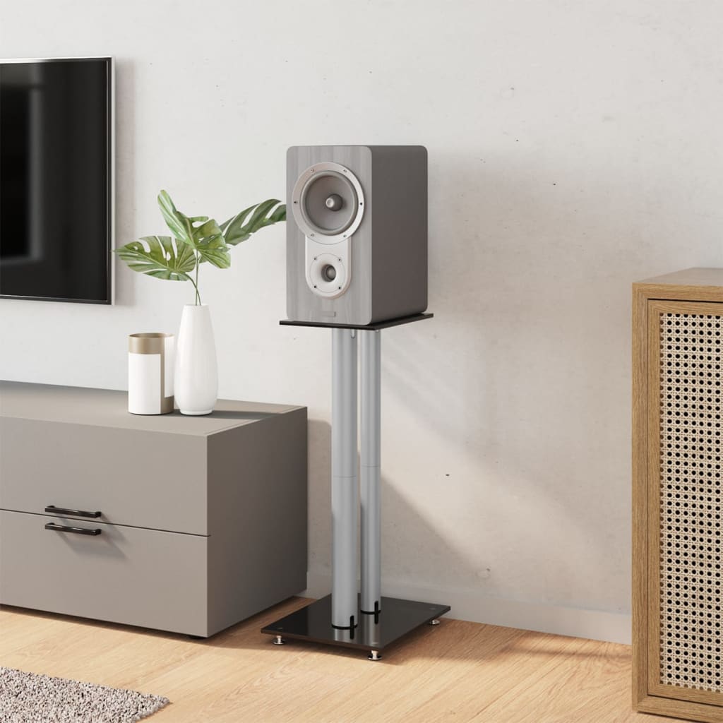 Βάσεις Ηχείων με 2 Στήλες 2 Τεμ. Μαύρο/Ασημί από Ψημένο Γυαλί